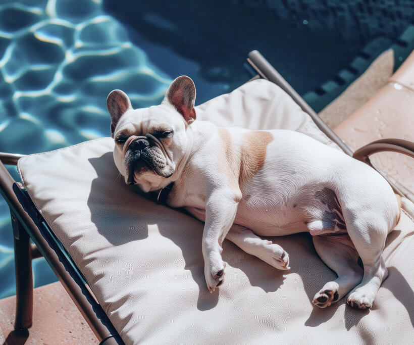 Dog relaxing on a sun lounger by the pool